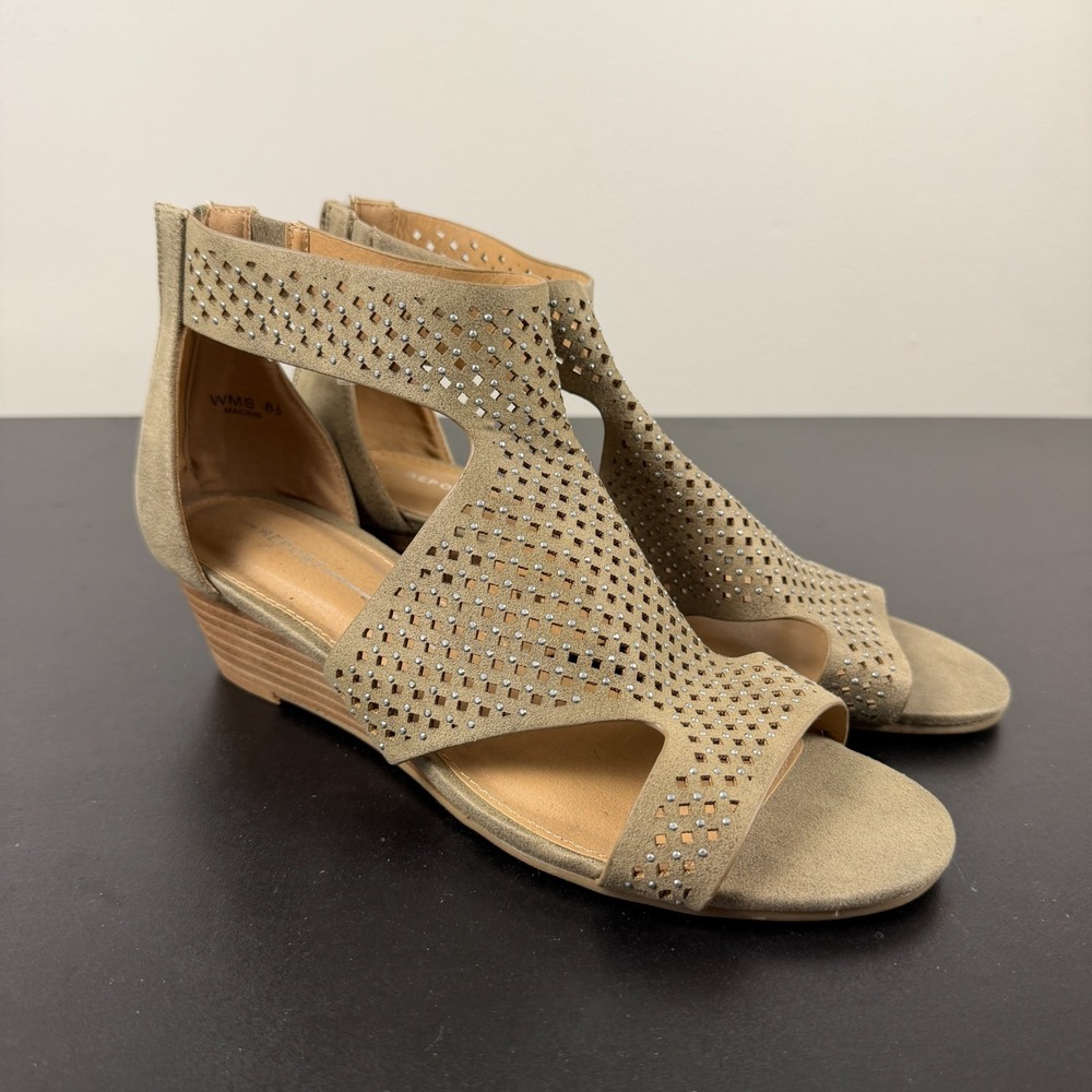 Report Mackie Wedge Sandals Womens 8.5 Beige Laser Cut Rhinestone Suede Back Zip